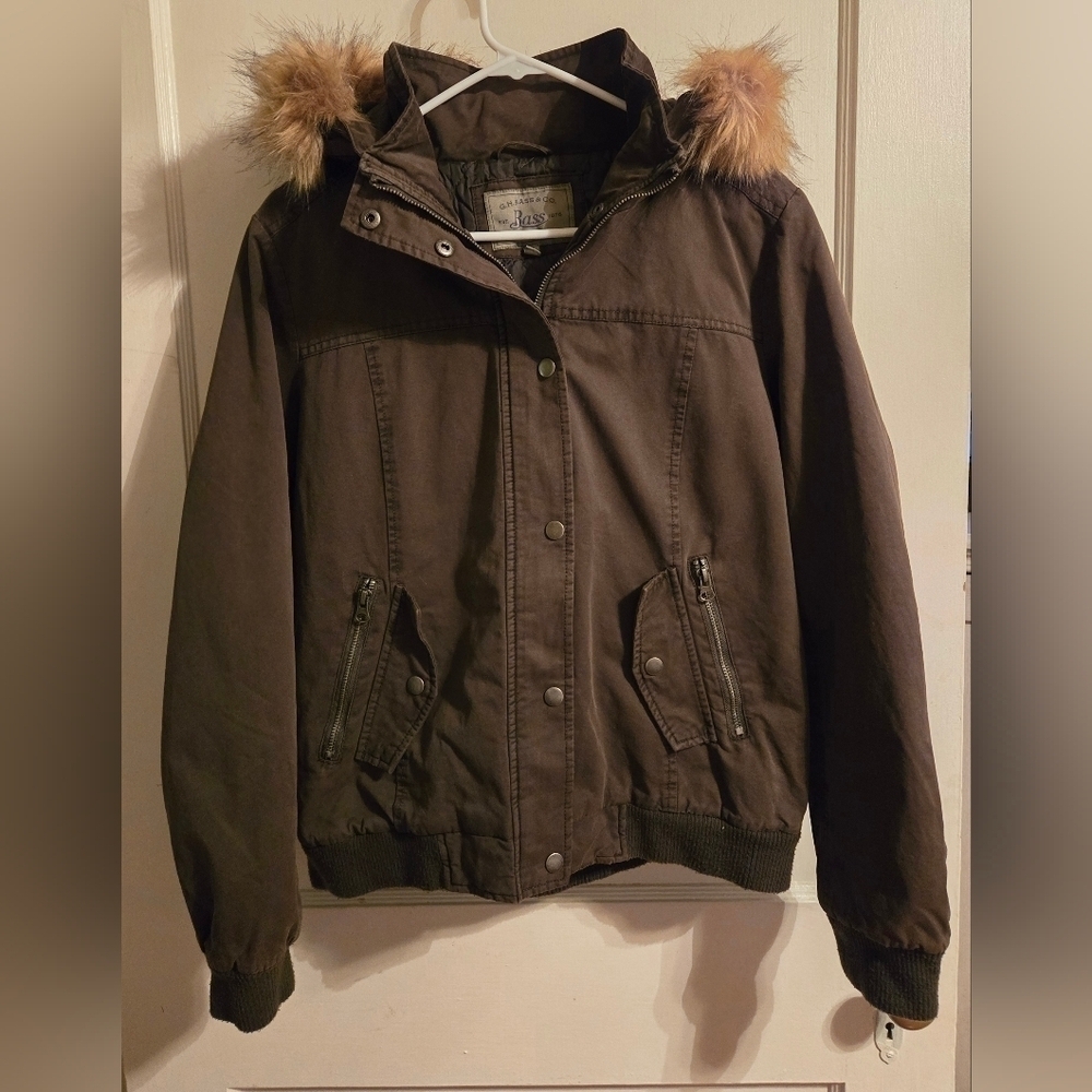 NWOT | G.H. Bass & Co | Bomber Jacket Coat | Fur Trim Hood | L | Olive Green - Picture 11 of 16